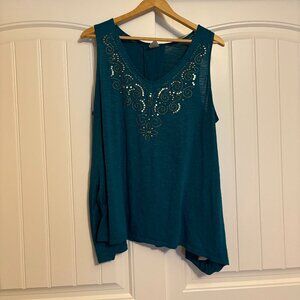 Faded Glory Studded Tank Top 2X 18W-20W Vibrant Teal Blue Polyester Rayon Blend